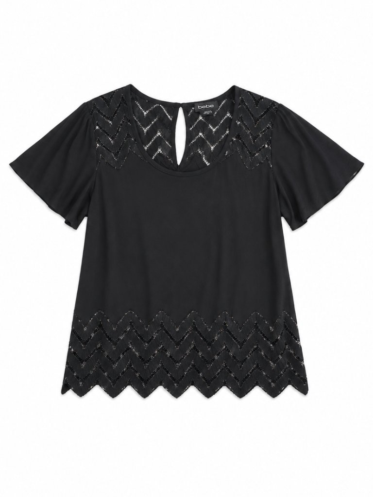 Bebe Y2k Black And Metallic Sliver Chevron Top, Size Medium